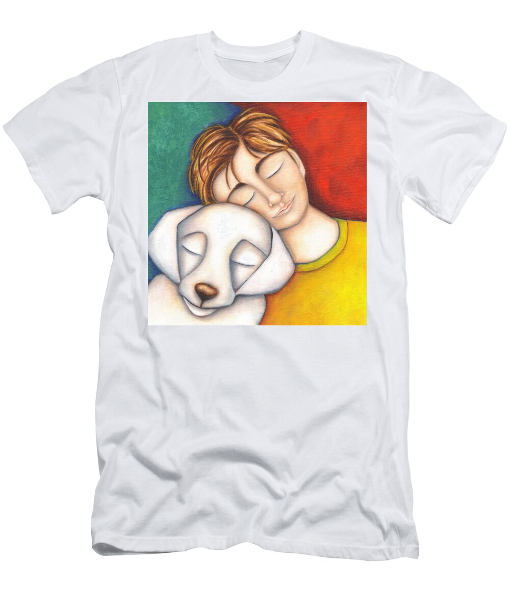 Dog T-Shirt featuring the painting A Boy And His Dog by Deb Harvey