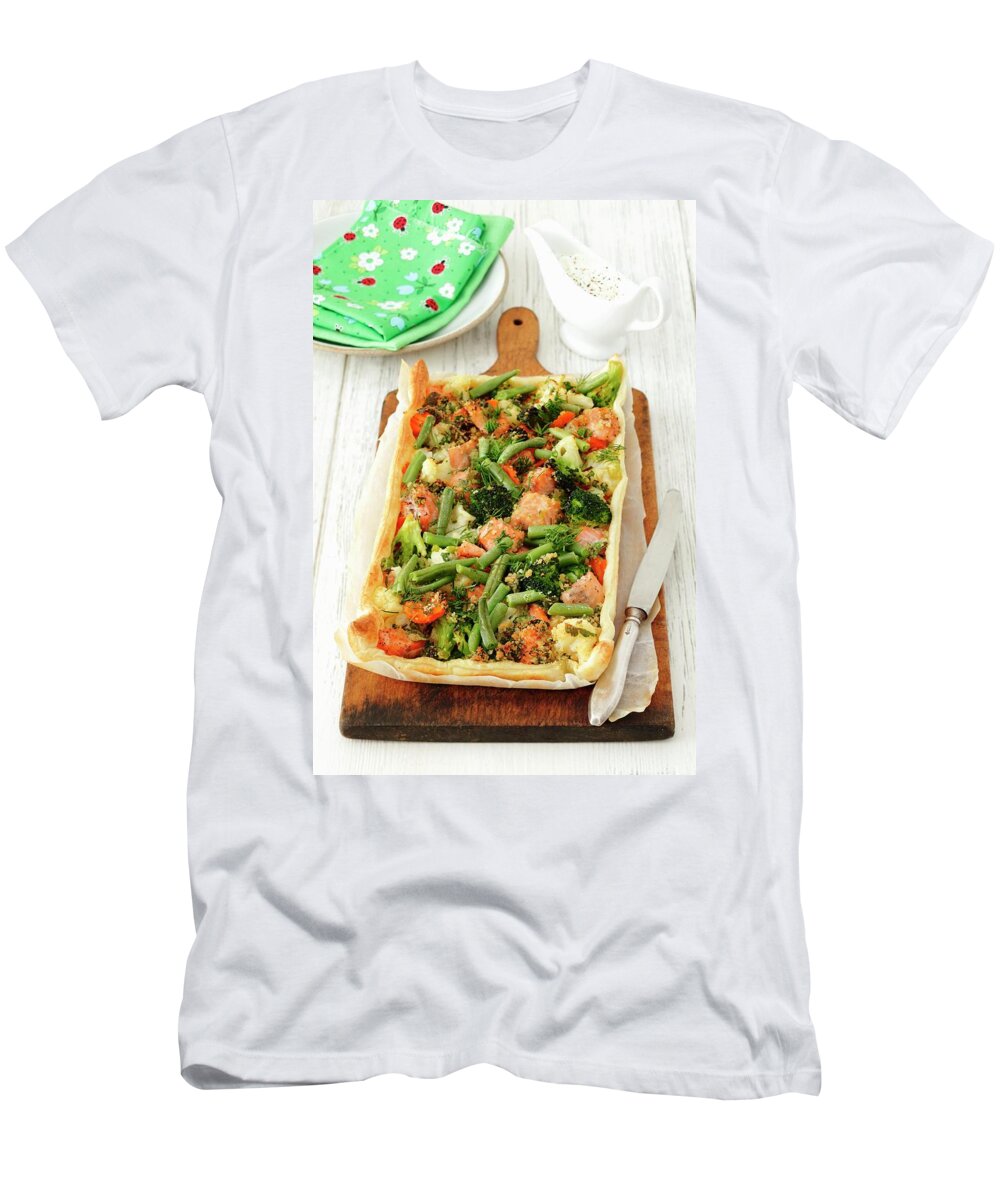 Ip_11176229 T-Shirt featuring the photograph A Cauliflower, Broccoli, Carrot And Salmon Tart by Castilho, Rua