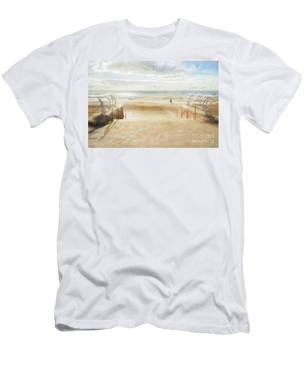 Blackpool T-Shirt featuring the mixed media A stroll along Blackpool Beach by Linsey Williams