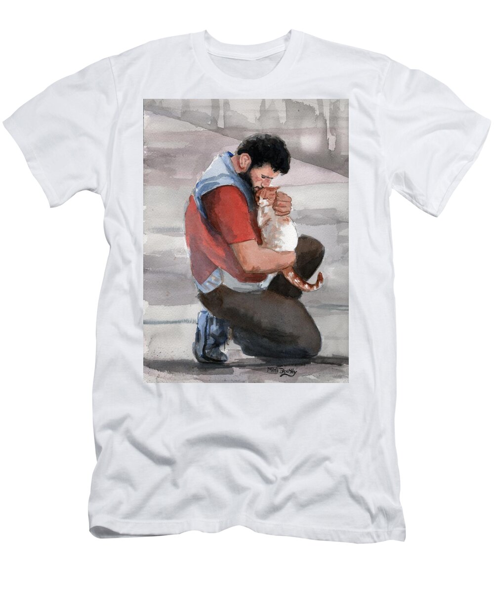 Gattaro T-Shirt featuring the painting Alaa rescues a cat by Mimi Boothby