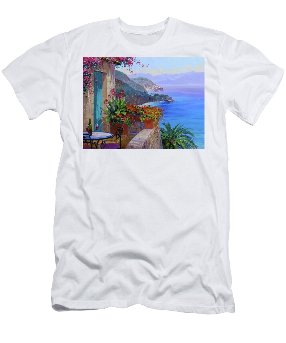 Amalfi Coast T-Shirt featuring the painting Amalfi Splendor by Mikki Senkarik