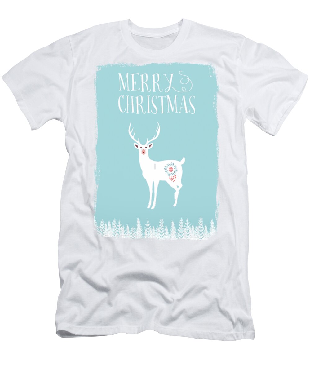 White Christmas Stag T-Shirt featuring the mixed media White Christmas Stag by Amanda Jane