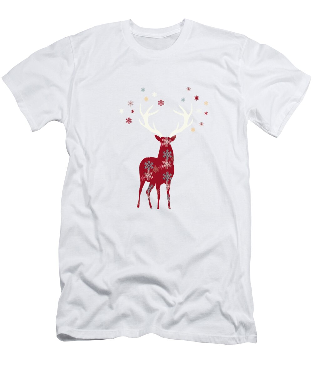 Xmas T-Shirt featuring the mixed media Snowflake Christmas Stag II by Amanda Jane