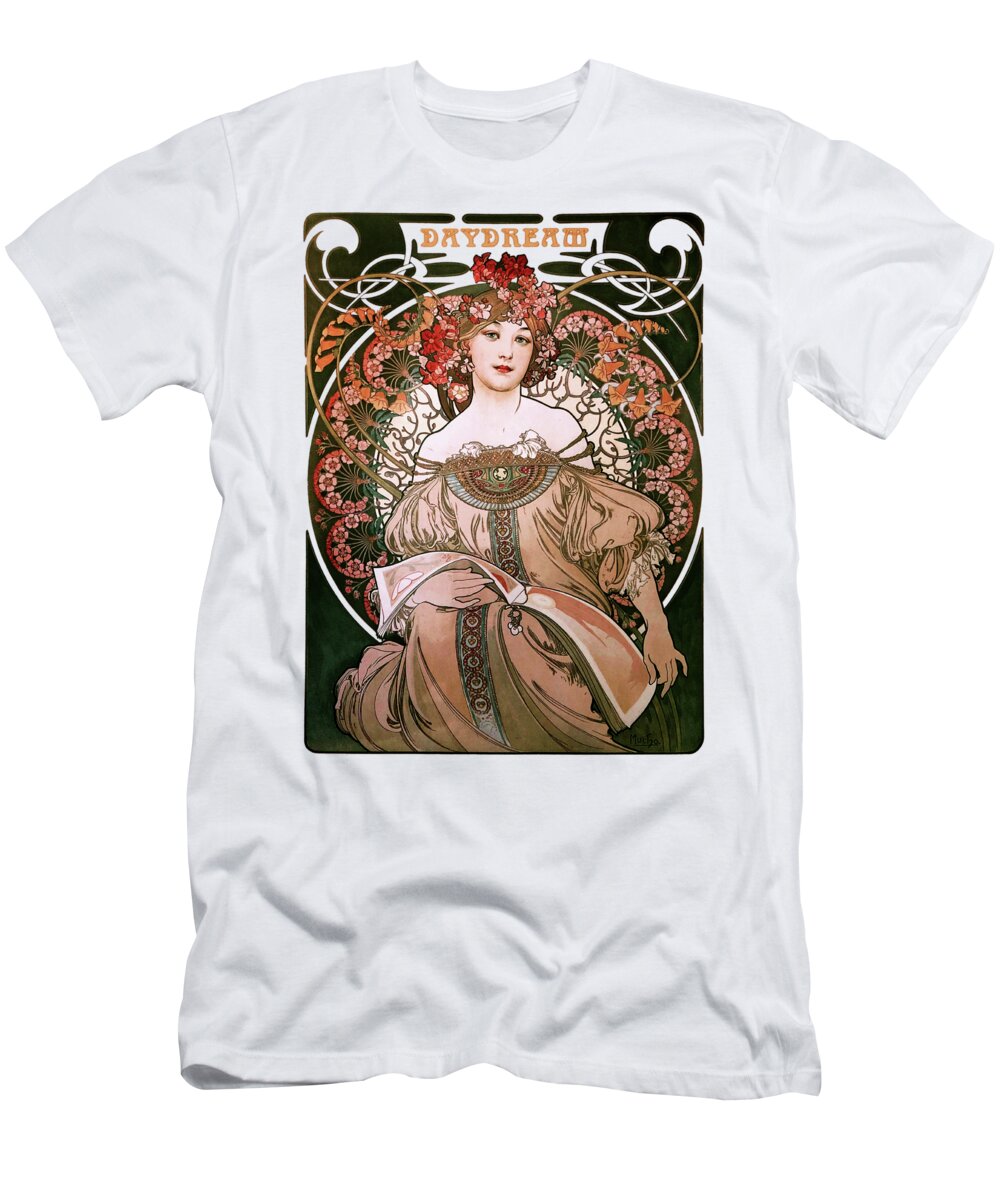 Daydream T-Shirt featuring the painting Daydream by Alphonse Mucha White Background by Rolando Burbon