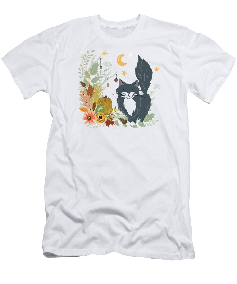 Cat T-Shirt featuring the painting Autumn Garden Moonlit Kitty Cat by Little Bunny Sunshine