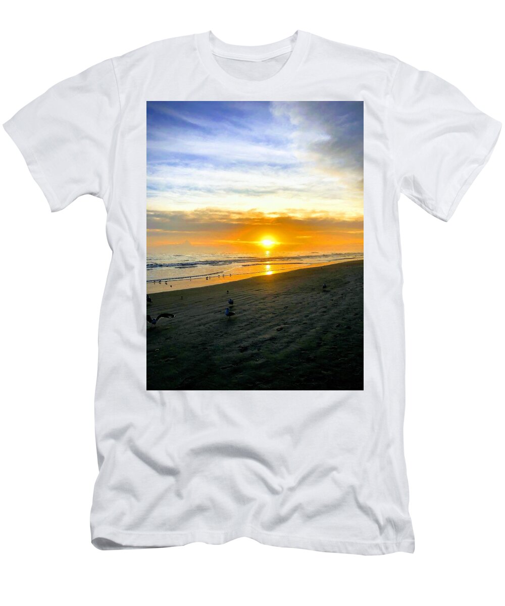 Sunrise Beach Sand Bird T-Shirt featuring the photograph New Smyrna Beach Sunrise #1 by Rocco Silvestri
