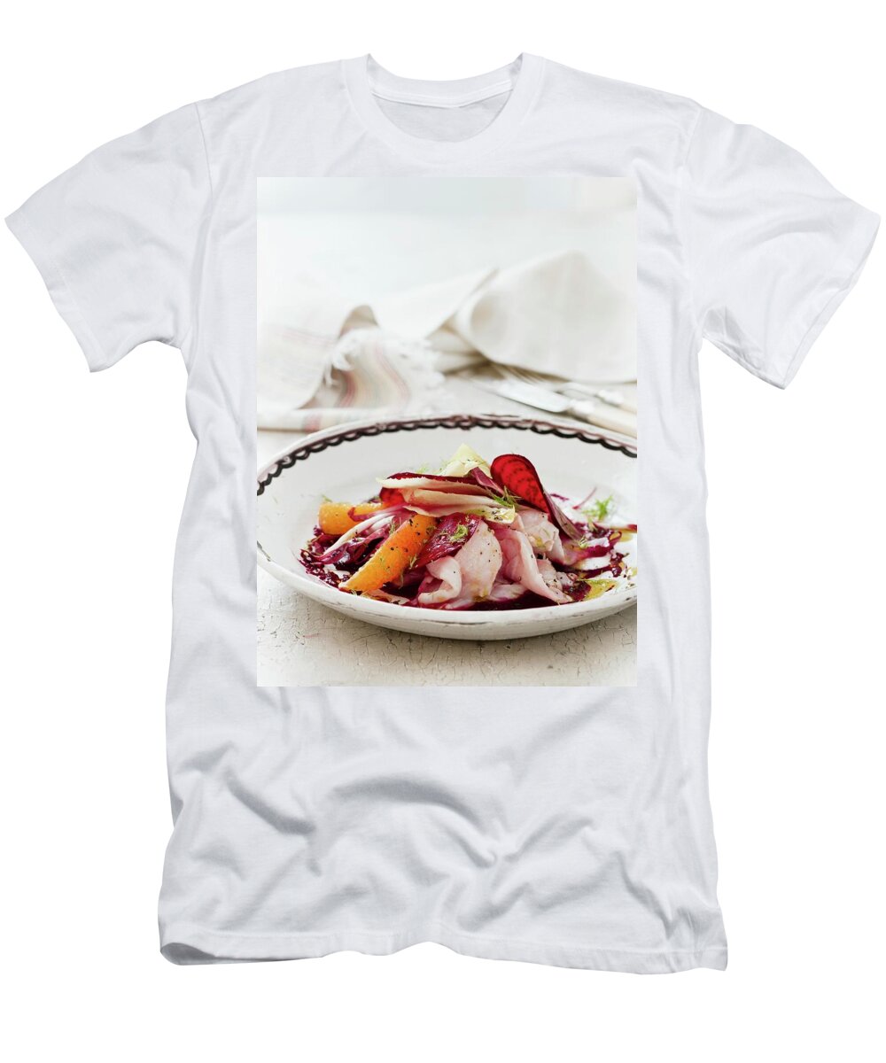 Ip_11190918 T-Shirt featuring the photograph Beetroot Carpaccio With Sea Bass, Oranges, Fennel And Red Endive by Lingwood, William