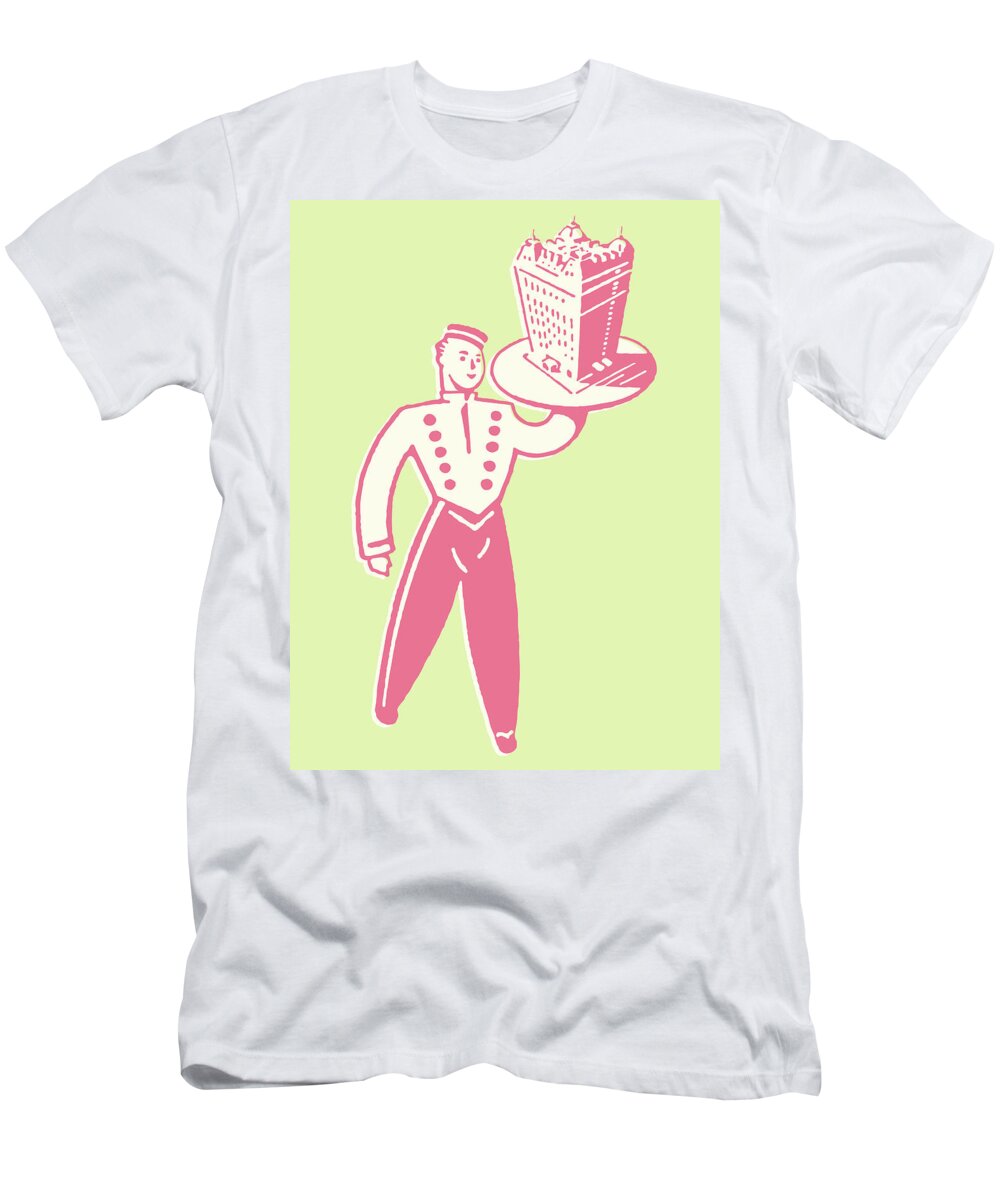 Accommodate T-Shirt featuring the drawing Bellhop with Hotel on Tray by CSA Images