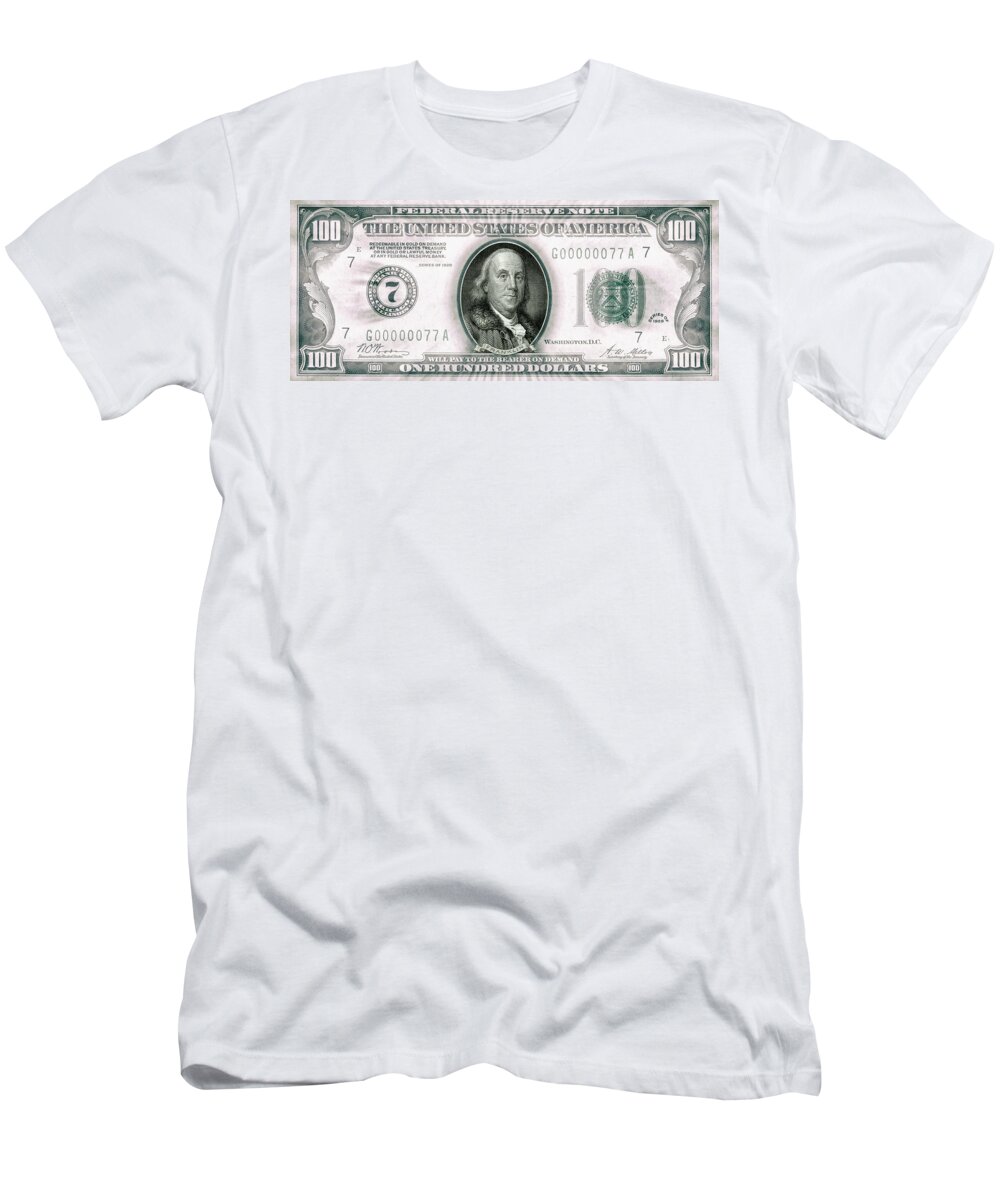 Travelpixpro T-Shirt featuring the digital art Ben Franklin 1928 American One Hundred Dollar Bill Currency Starburst Artwork by Shawn O'Brien