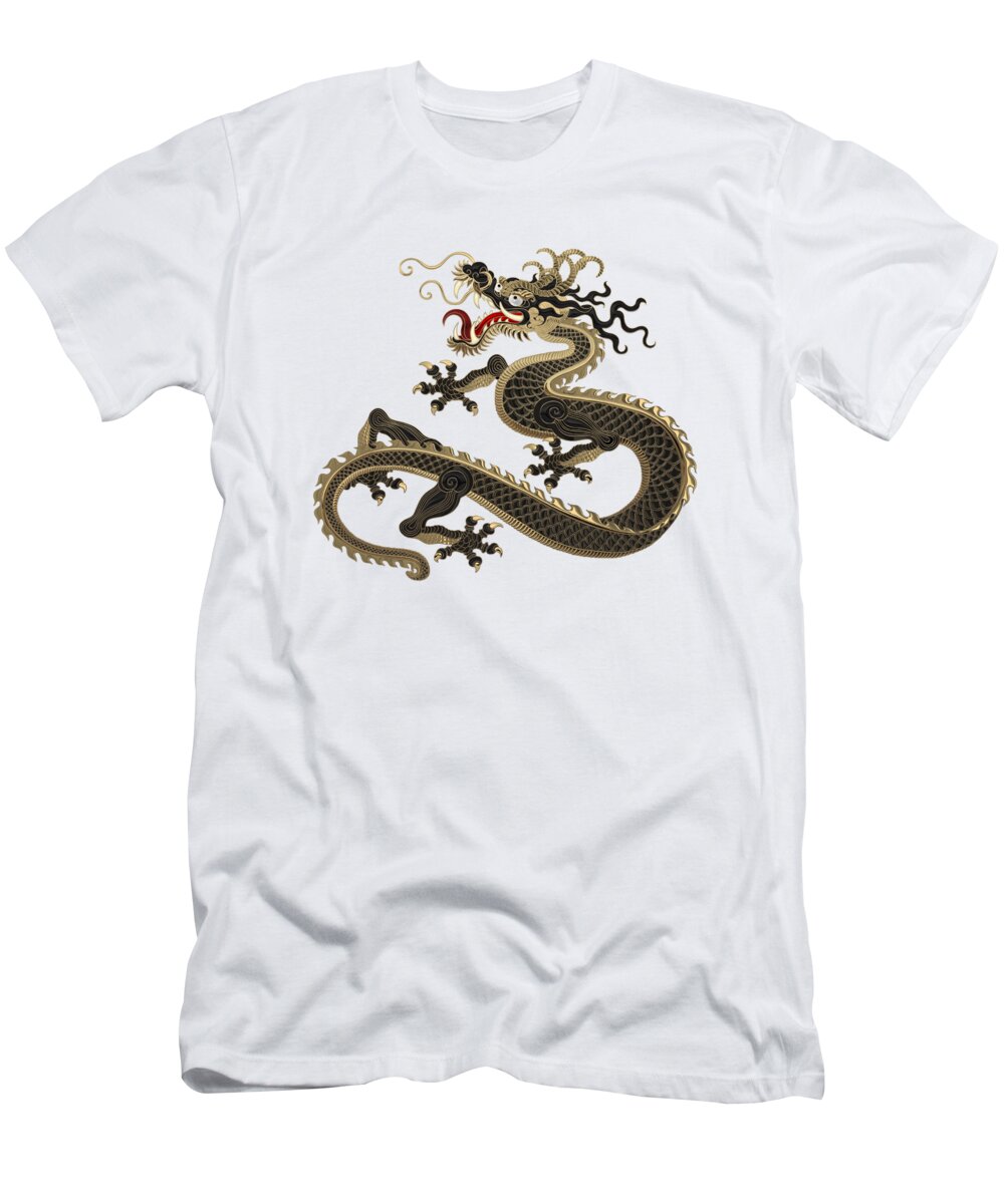 ‘the Great Dragon Spirits’ Collection By Serge Averbukh T-Shirt featuring the digital art Black and Gold Sacred Eastern Dragon over White Leather by Serge Averbukh