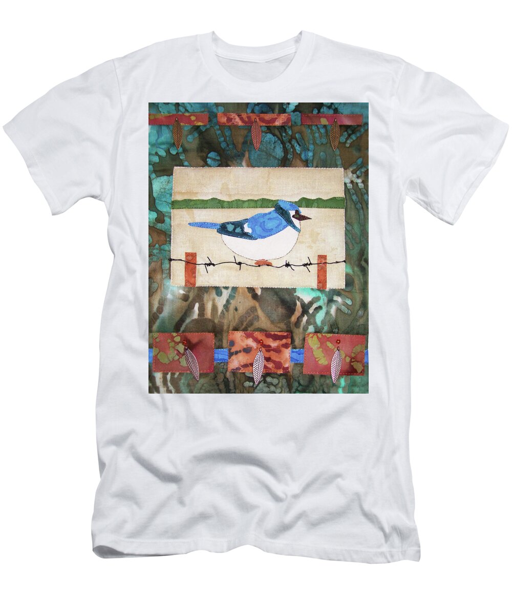 Art Quilt T-Shirt featuring the tapestry - textile Blue Bird by Pam Geisel