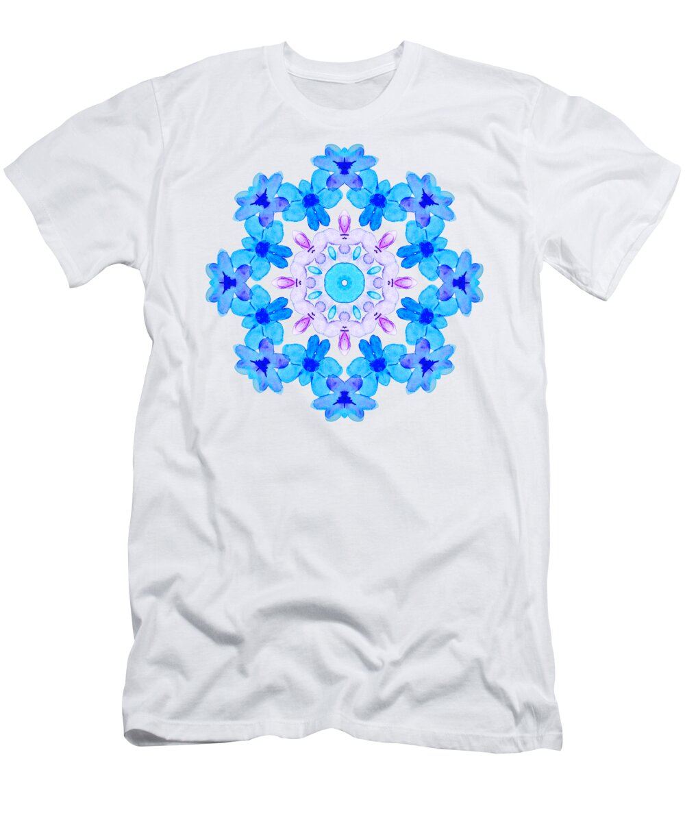 Flower T-Shirt featuring the painting Blue Flowers Watercolor Mandala by Boriana Giormova