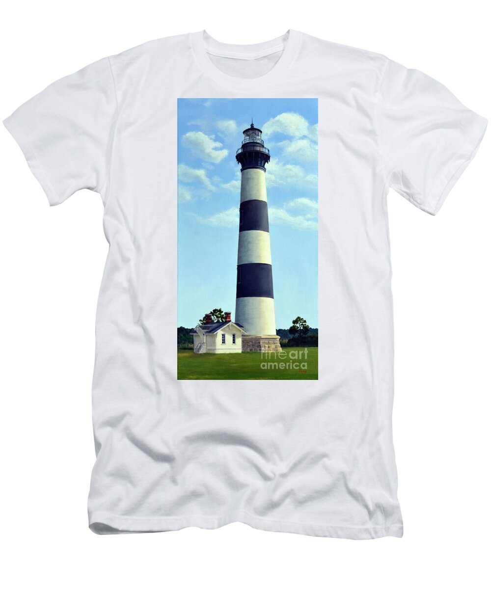 Bodie Island Lighthouse T-Shirt featuring the painting Bodie Island Lighthouse on the Outer Banks by Jimmie Bartlett
