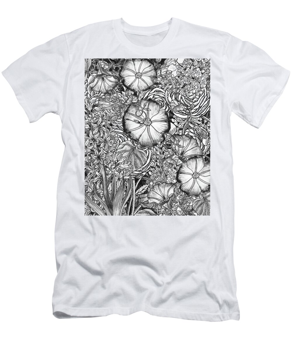 Botanical T-Shirt featuring the painting Botanical Watercolor Flowers Garden Flowerbed Black And White VI by Irina Sztukowski