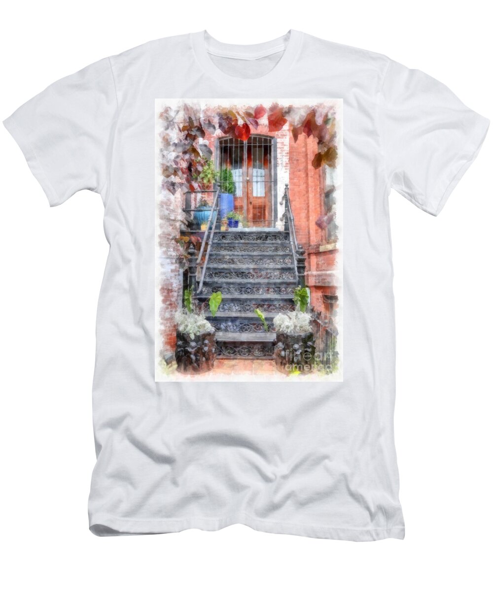 Stairs T-Shirt featuring the digital art Brick Townhouse Walkup Watercolor by Edward Fielding