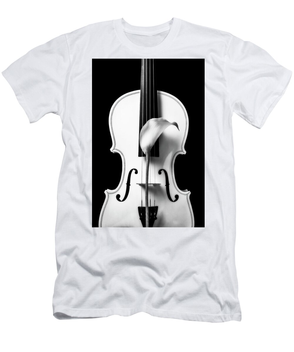 Violin T-Shirt featuring the photograph Calla Lily And White Violin In Black And White by Garry Gay