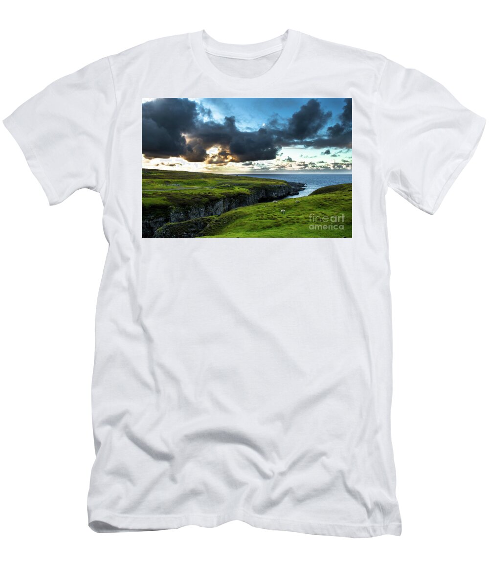 Scotland T-Shirt featuring the photograph Canyon To Smoo Cave With Flock Of Sheep At The Twilight Atlantic Coast Near Durness In Scotland by Andreas Berthold