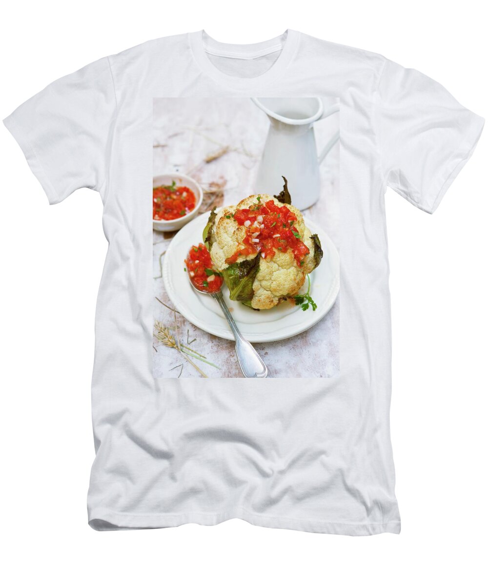 Ip_11160404 T-Shirt featuring the photograph Cauliflower With Tomato And Chilli Salsa by Atelier Mai 98