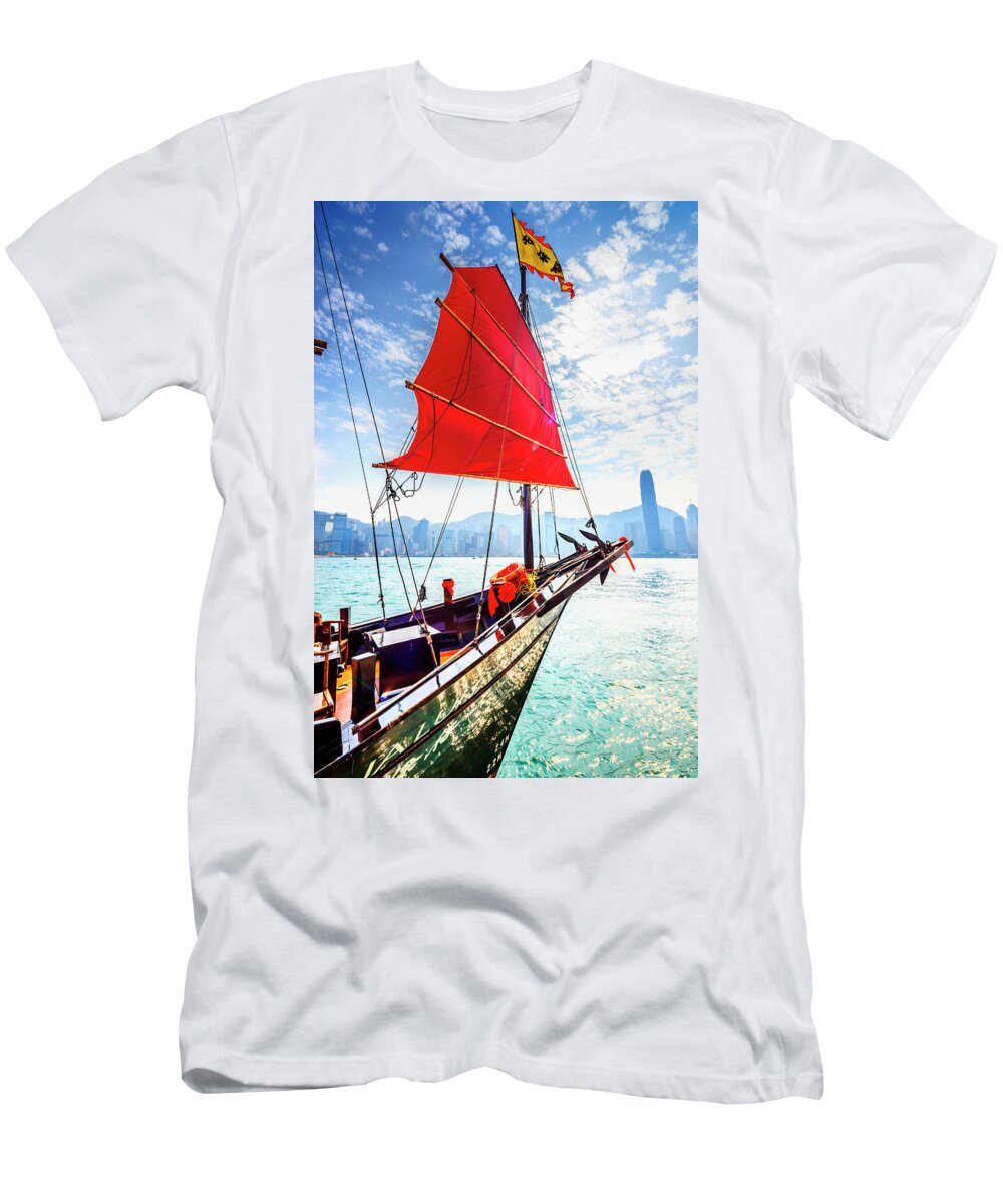 Estock T-Shirt featuring the digital art China, Hong Kong, Hong Kong Island, Victoria Harbor, Aqua Luna Junk In Victoria Harbor by Maurizio Rellini
