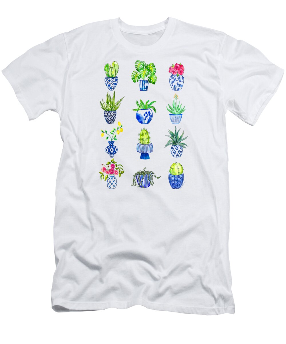 Chinoiserie Vases T-Shirt featuring the painting Chinoiserie Cactus Collection by Roleen Senic