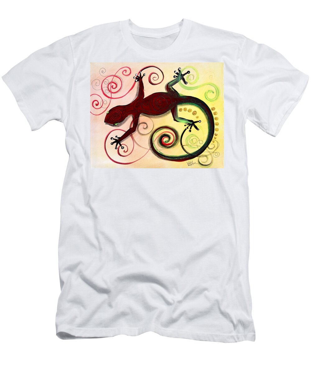 Gecko T-Shirt featuring the painting Christmas Gecko, with Gold Poop by J Vincent Scarpace
