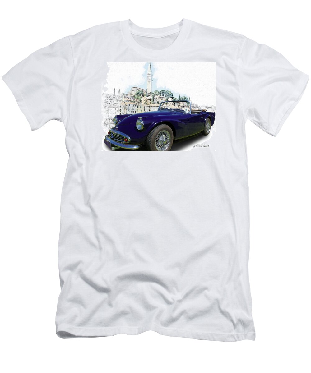 British T-Shirt featuring the digital art Classic British Sports car in Croatia by Peter Leech