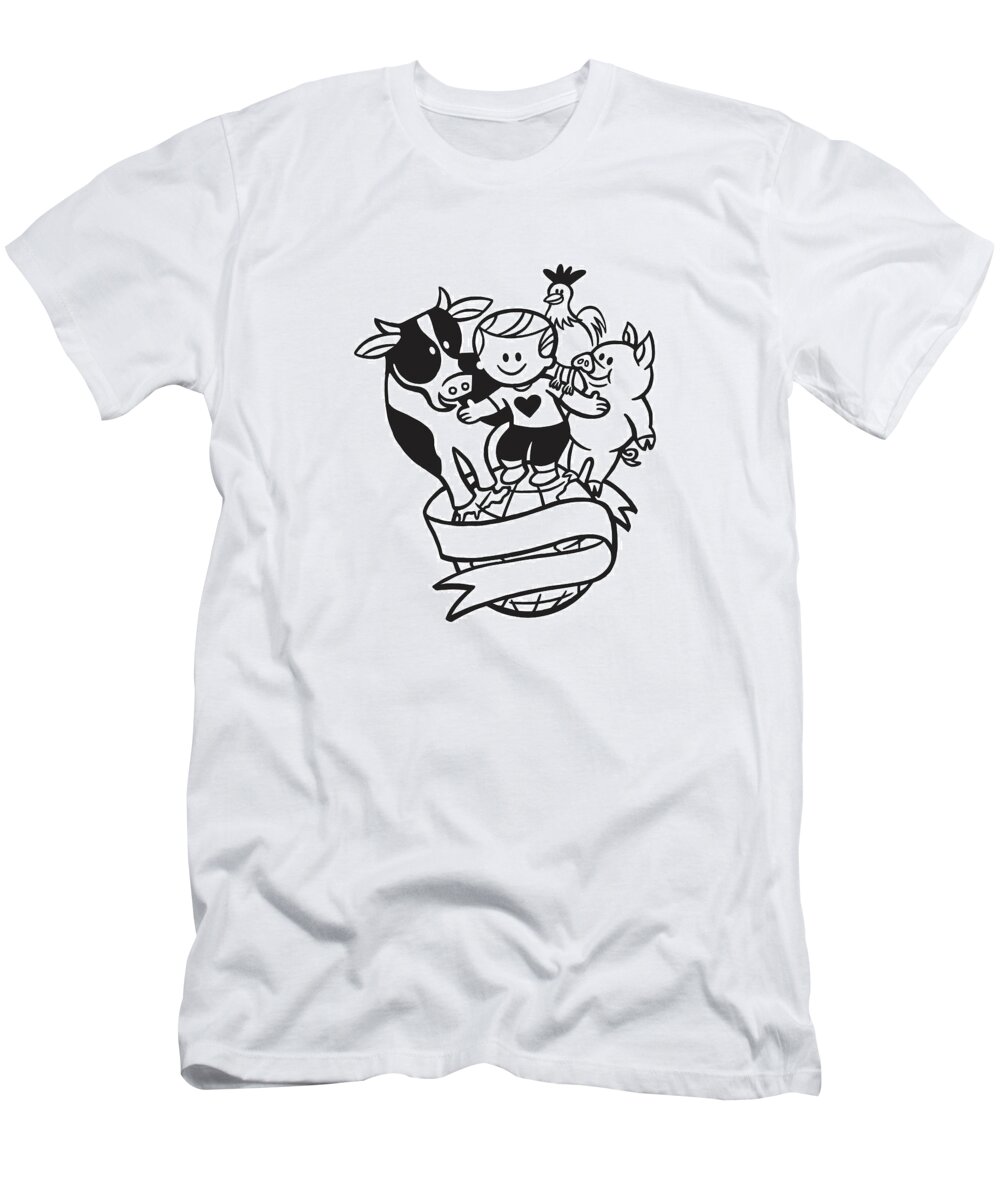 Agriculture T-Shirt featuring the drawing Cow Boy Chicken Pig on the World Banner by CSA Images
