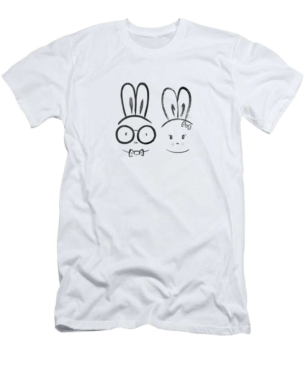 Bunny T-Shirt featuring the painting Cute kawaii couple of a bunny nerd boyfriend wearing spectacles and a bunny girlfriend with a bow by Awen Fine Art Prints