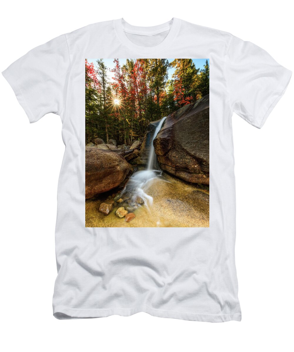 Waterfall; New Hampshire; New England; Diana's Baths; Fall; Falls; Sunstar; Trees; Sunrise; Long Exposure; Motion; Rocks; Flow; Mood; Autumn; Leaves; Colors; Rob Davies; Photography T-Shirt featuring the photograph Diana's Baths by Rob Davies