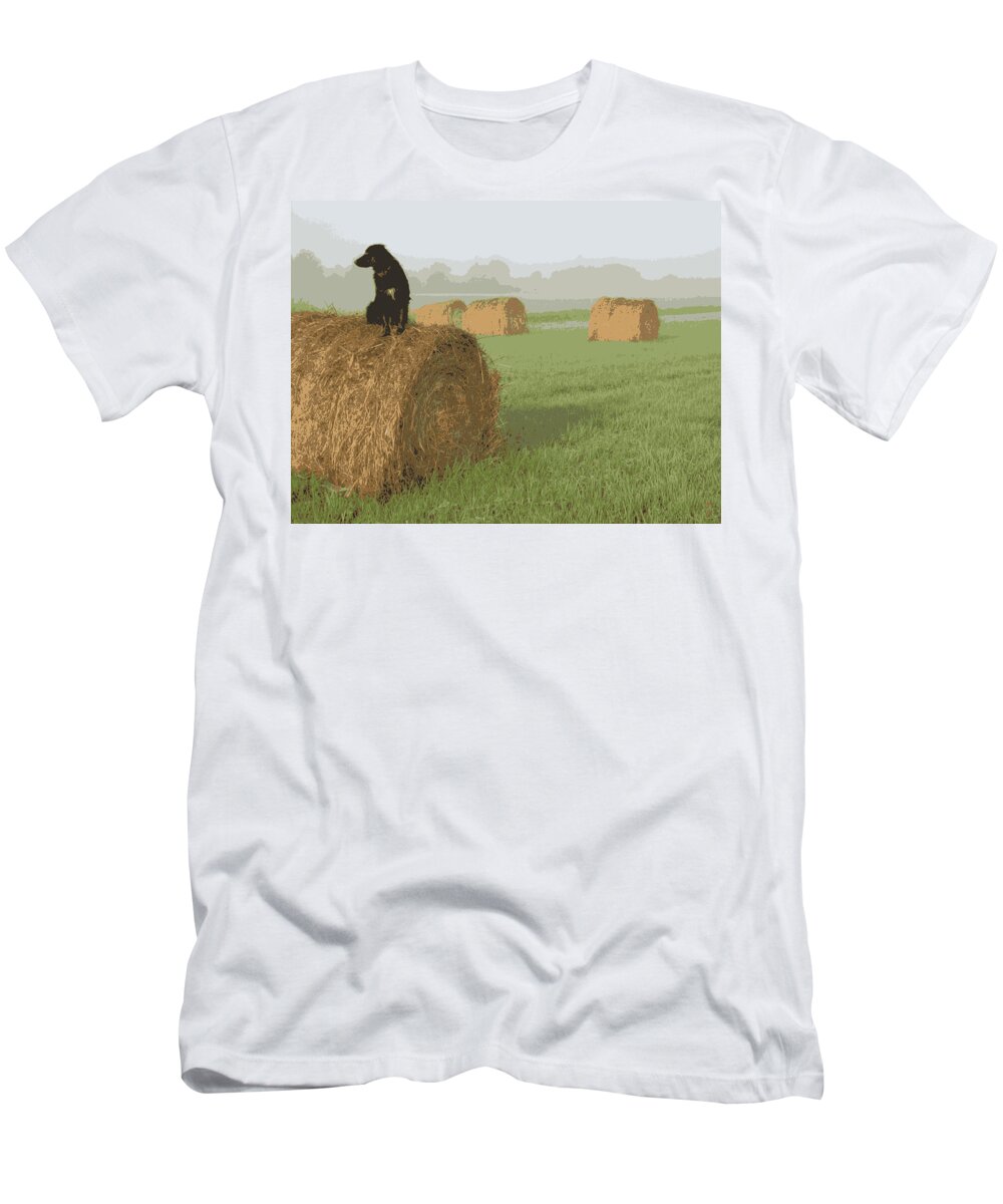 Dog T-Shirt featuring the digital art Dog on Hay Bale by Kent Lorentzen