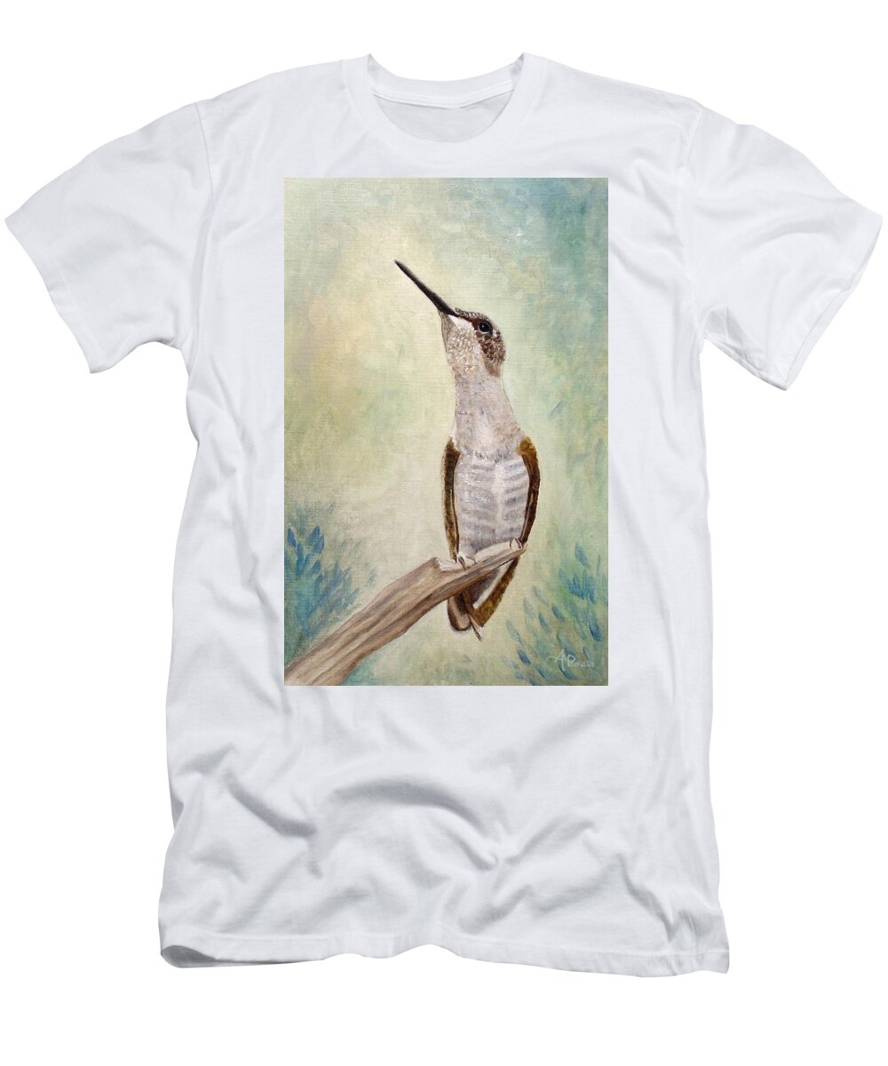 Hummingbird T-Shirt featuring the painting Enchanting Wand - Ruby-throated Hummingbird by Angeles M Pomata