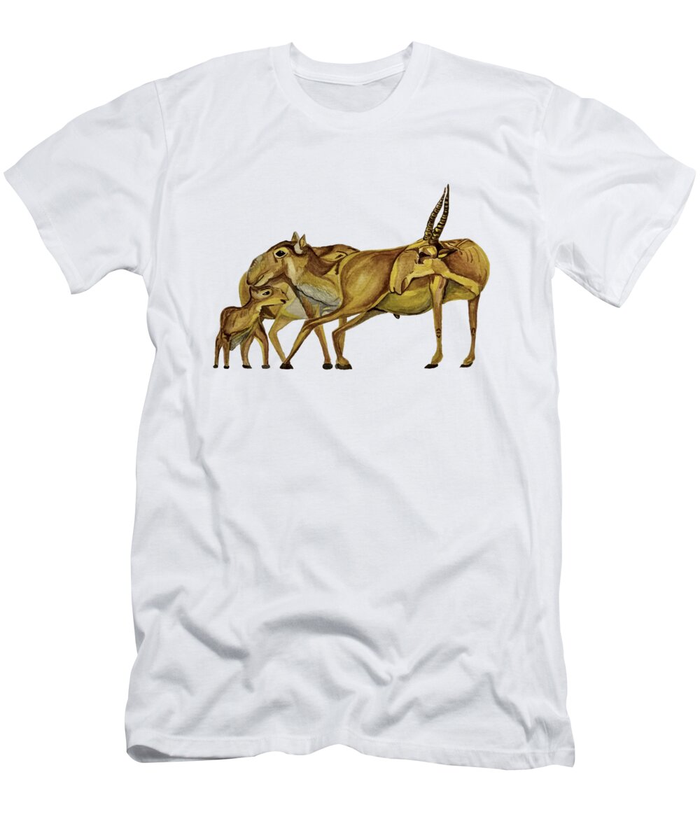 Saiga T-Shirt featuring the painting Family of Saiga Antelope by Maria Sibireva