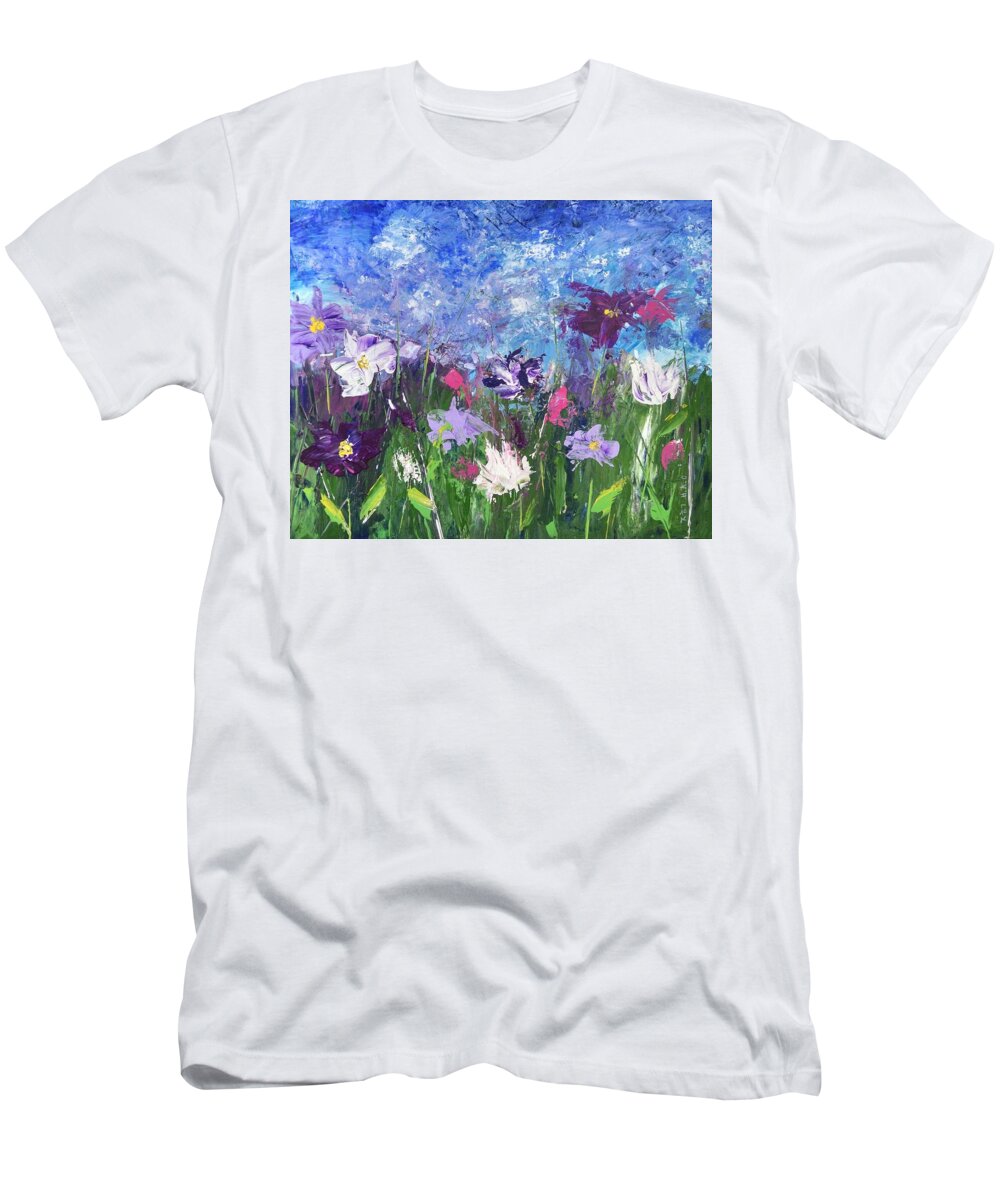 Wildflowers T-Shirt featuring the painting Field of wild flowers by Helian Cornwell