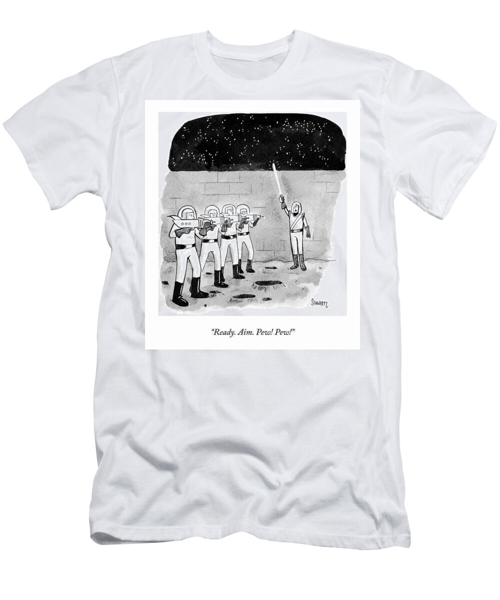 “ready. Aim. Pew! Pew!” T-Shirt featuring the drawing Firing Space Squad by Benjamin Schwartz