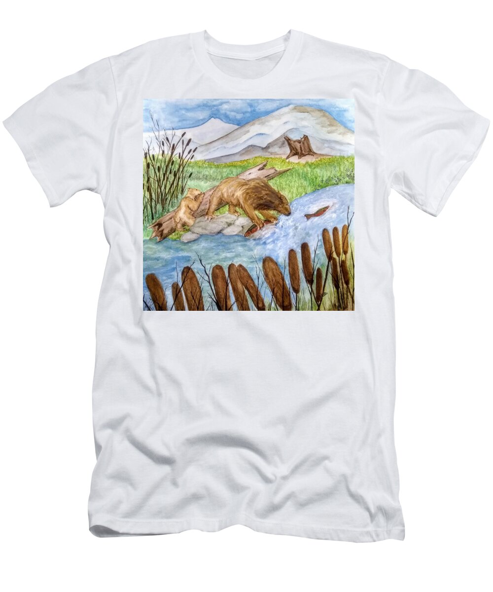 Nature T-Shirt featuring the painting Fishing Bear by Vallee Johnson