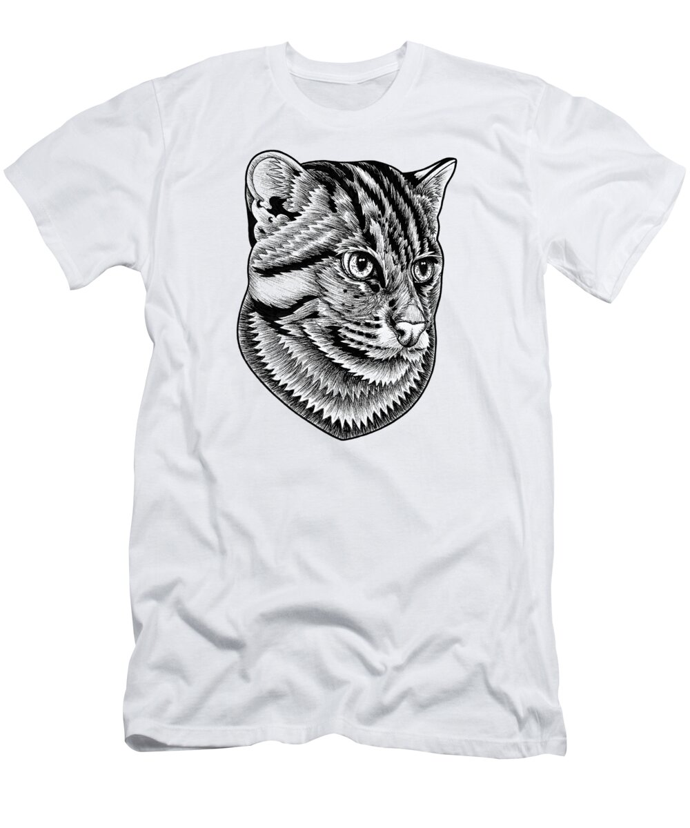 Fishing Cat T-Shirt featuring the drawing Fishing cat ink illustration by Loren Dowding