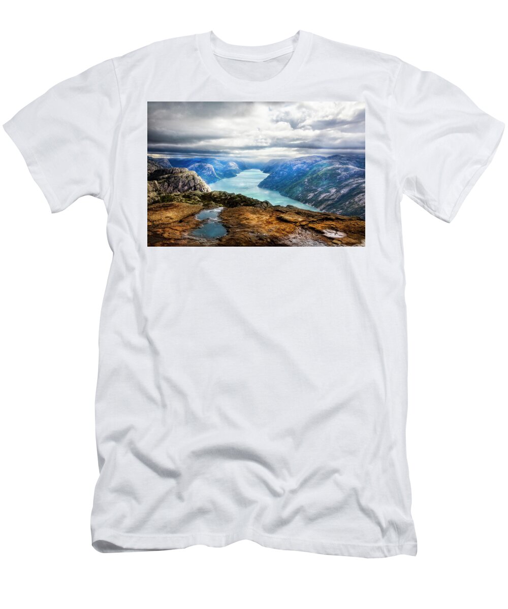 Clouds T-Shirt featuring the photograph From the Top of Preikestolen The Pulpit Rock by Debra and Dave Vanderlaan