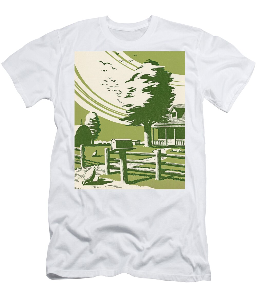 Agriculture T-Shirt featuring the drawing Front Yard of a Farmhouse by CSA Images