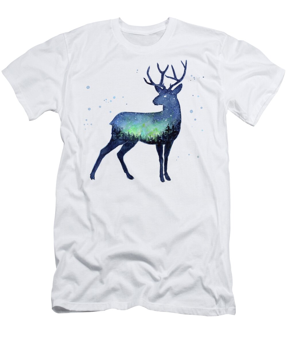 Reindeer T-Shirt featuring the painting Galaxy Reindeer Silhouette by Olga Shvartsur