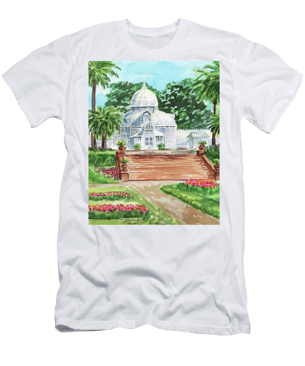 Conservatory T-Shirt featuring the painting Golden Gate Park Conservatory Of Flowers Watercolor by Irina Sztukowski