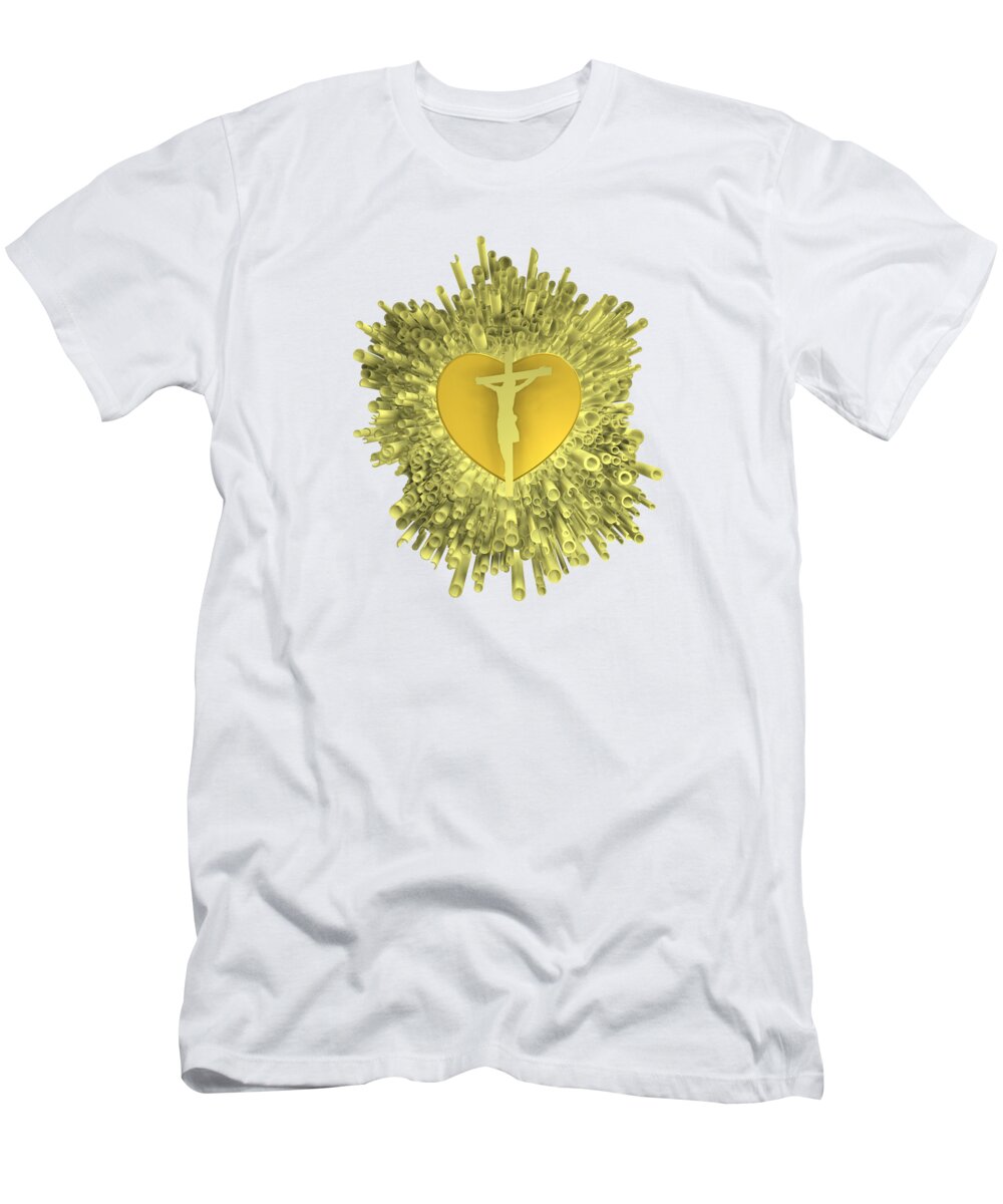 Crucifixion T-Shirt featuring the digital art Golden heart of Jesus by Alberto RuiZ