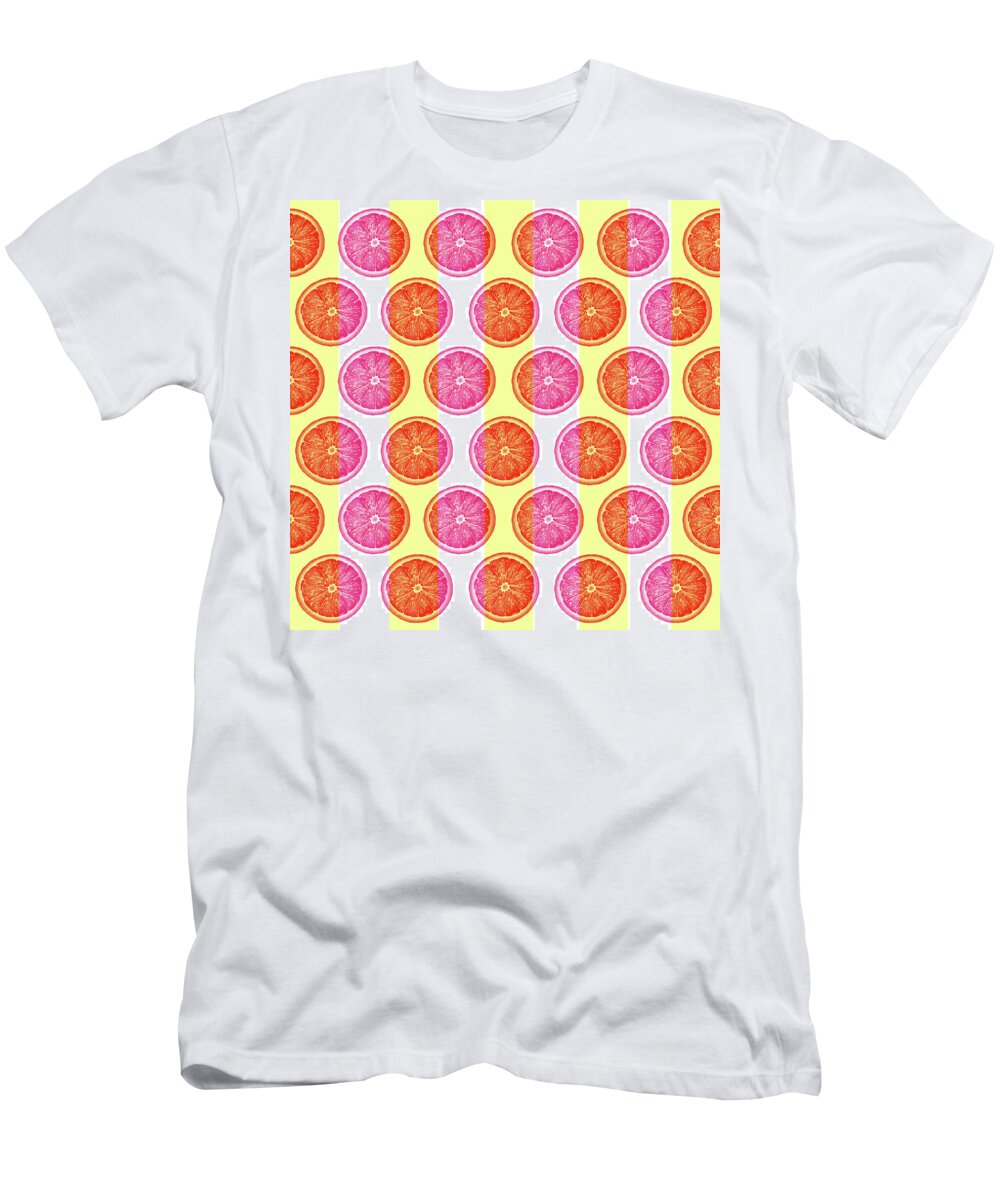 Orange T-Shirt featuring the mixed media Grapefruit Slice Pattern 1 - Tropical Pattern - Tropical Print - Lemon - Orange - Fruit - Tangerine by Studio Grafiikka