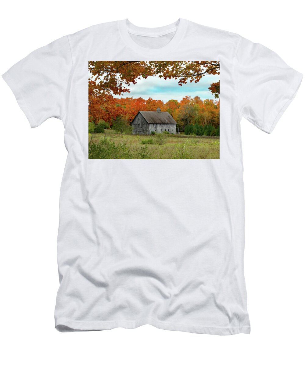 October T-Shirt featuring the photograph Grey Barn Fall Colors by David T Wilkinson