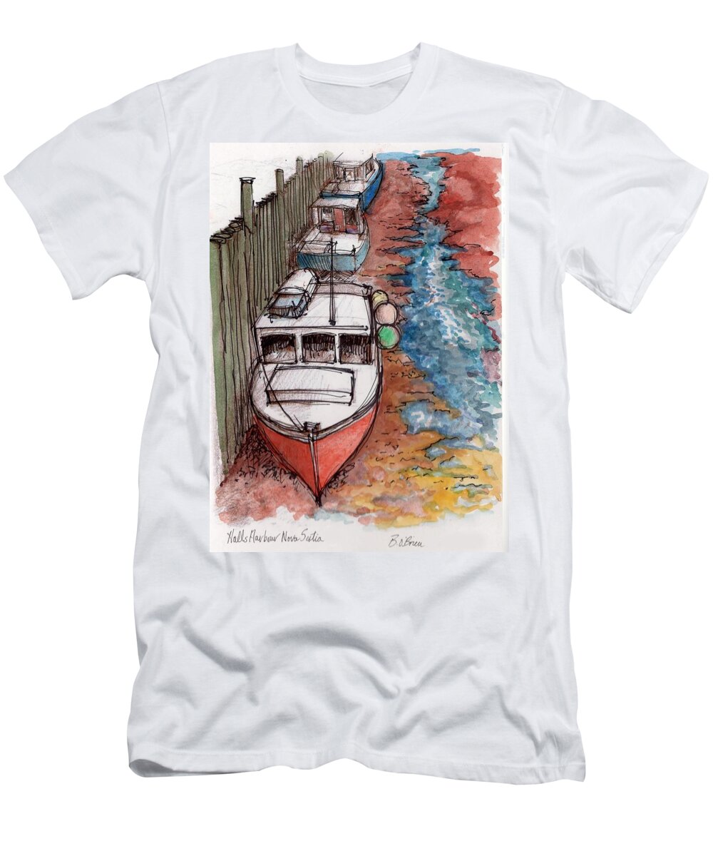 Halls Harbour T-Shirt featuring the drawing Halls Harbour low tide by William OBrien