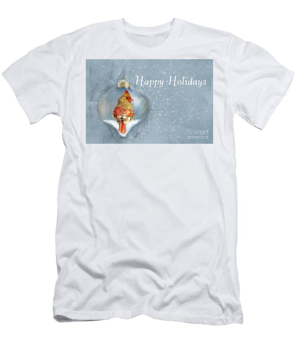 Female Northern Cardinal T-Shirt featuring the photograph Happy Holidays from Our House to Your House by Janette Boyd