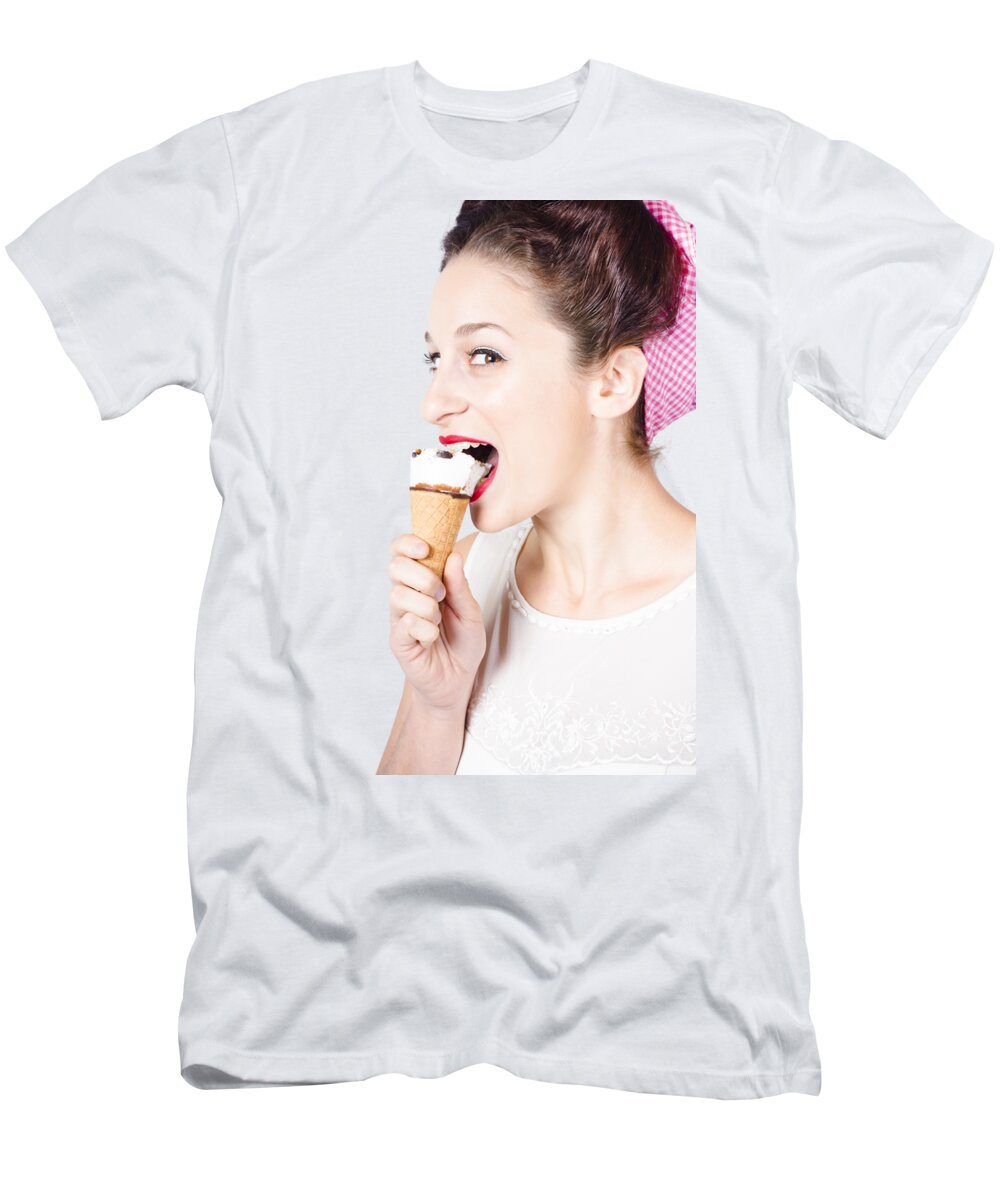 Eating T-Shirt featuring the photograph Happy pin-up woman eating ice cream closeup by Jorgo Photography