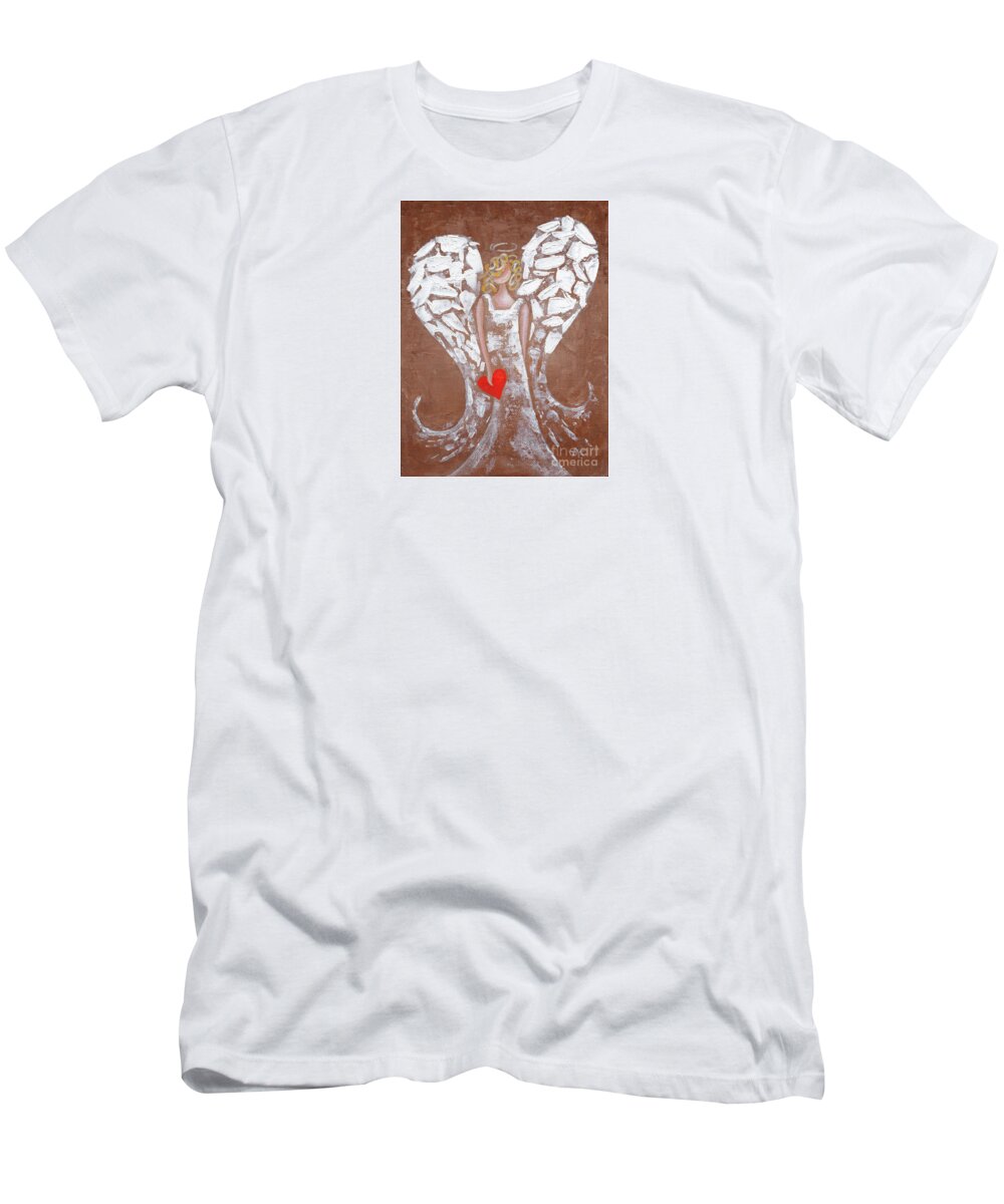 Angel T-Shirt featuring the painting Heard on High Angel - brown heart by Annie Troe