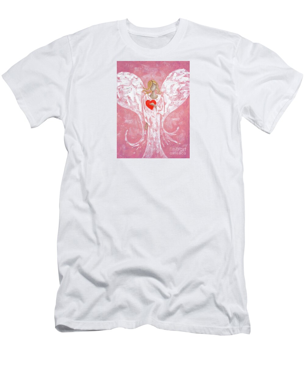 Angel T-Shirt featuring the painting Heard on High Angel - pink heart by Annie Troe