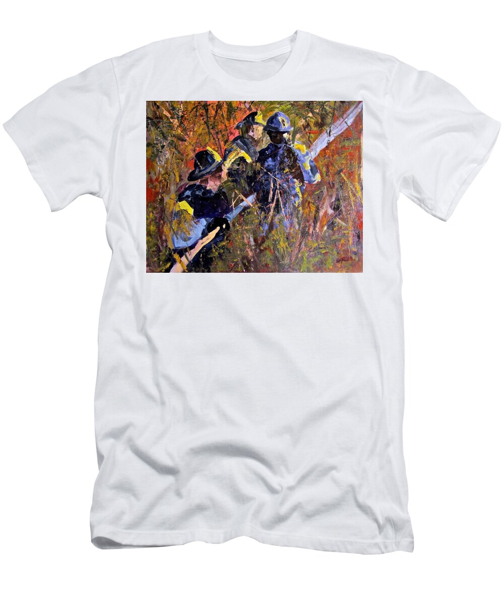 Fire T-Shirt featuring the painting Heros by Barbara O'Toole