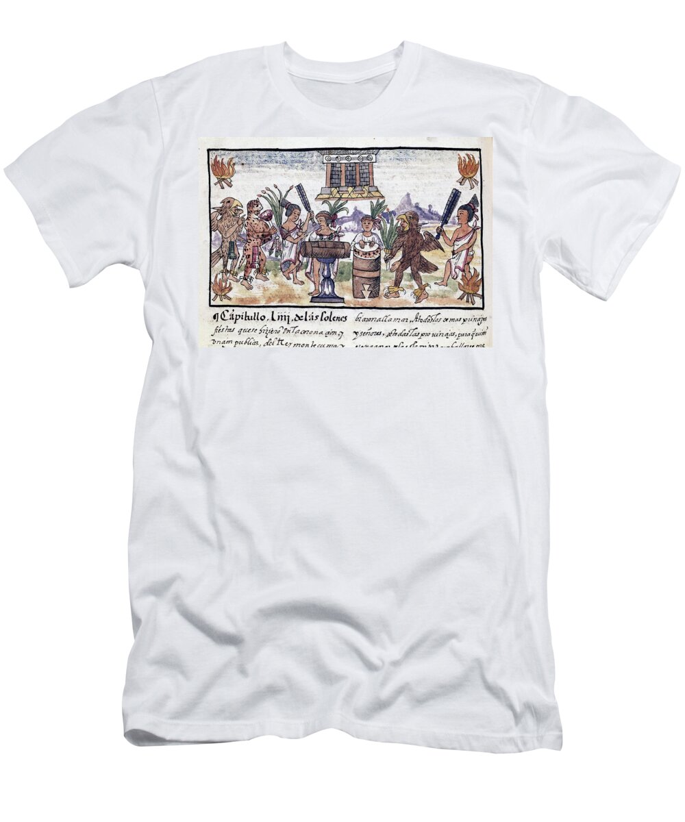 Diego Duran T-Shirt featuring the drawing History Of The Indies Of New Spain - Celebration Of The Coronation Of Moctezuma - 16th Century. by Diego Duran -1537-1588-